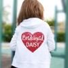 White zip up hoodie printed with a glitter heart and personalisation details.