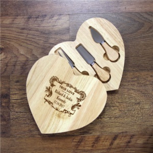 Personalised Wooden Heart Swivel Cheeseboard And Knife Set Crest Design
