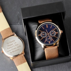 Mens Tan Engraved Watch with Presentation Box