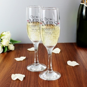 Personalised Mrs & Mrs Pair of Flutes with Gift Box