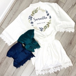 Navy Floral Personalised Short Lace Kimono Robe / Gown